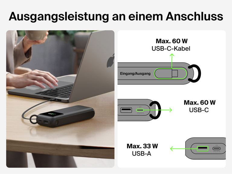 Die &zwnj;UltraCharge Powerbank 11K mit einziehbarem Kabel l&auml;dt einen Laptop &uuml;ber einen einzelnen Anschluss, mit einer Darstellung der maximalen Ausgangsleistung von 60 W &uuml;ber das USB-C-Kabel, den USB-C-Anschluss oder den USB-A-Anschluss.