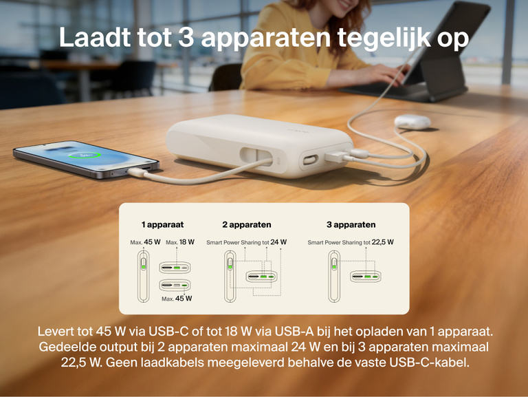 Belkin UltraCharge 20K 45W power bank with integrated USB-C cable charging multiple devices simultaneously with smart power sharing and multi-port connectivity
