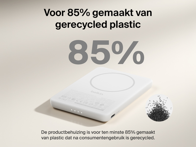 Belkin BoostCharge Slim Magnetic Power Bank 5K shown with text highlighting that its housing is made from 85% post-consumer recycled plastic for sustainable design.