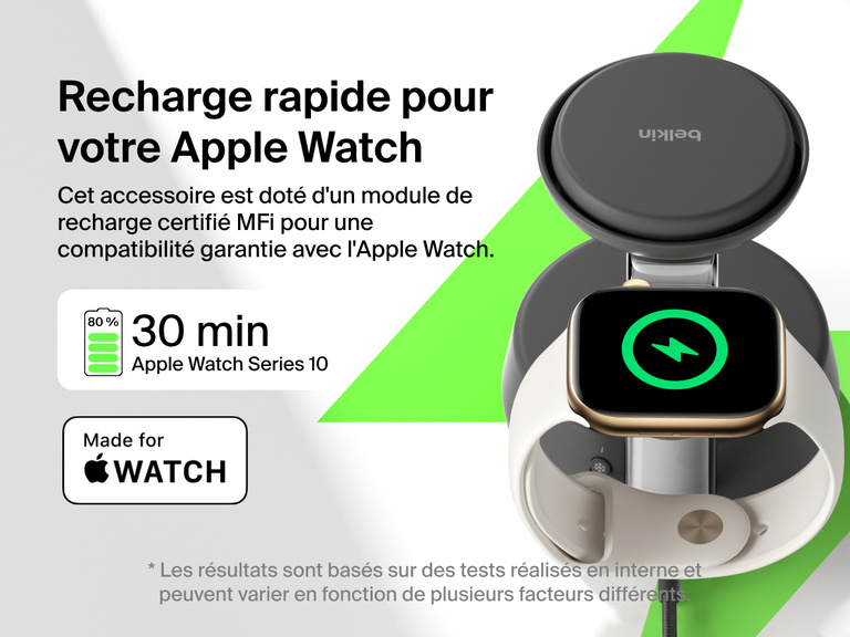 Station de recharge aimantée 3-en-1 Belkin UltraCharge Pro avec Qi2 (25 W) offrant une recharge rapide pour Apple Watch Series 10 de zéro à 80 % en 30 minutes grâce à la compatibilité certifiée MFI.