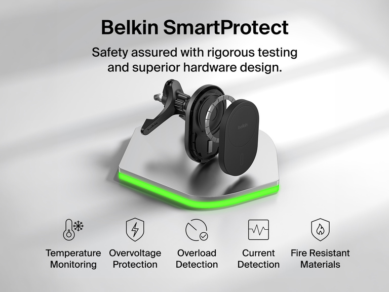 Belkin UltraCharge Magnetic Wireless Charging Car Vent Mount with Qi2.2 25W features SmartProtect safety technology with temperature monitoring, overvoltage protection, overload and current detection, and fire-resistant materials.