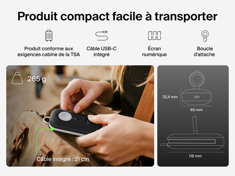 Image de la batterie externe 10K Belkin BoostCharge&nbsp;Pro avec module de recharge pour Apple&nbsp;Watch, compacte, certifi&eacute;e conforme aux normes de s&eacute;curit&eacute; cabine de la TSA, dot&eacute;e d'un c&acirc;ble USB-C int&eacute;gr&eacute;, d'un &eacute;cran num&eacute;rique et d'une boucle d'attache.