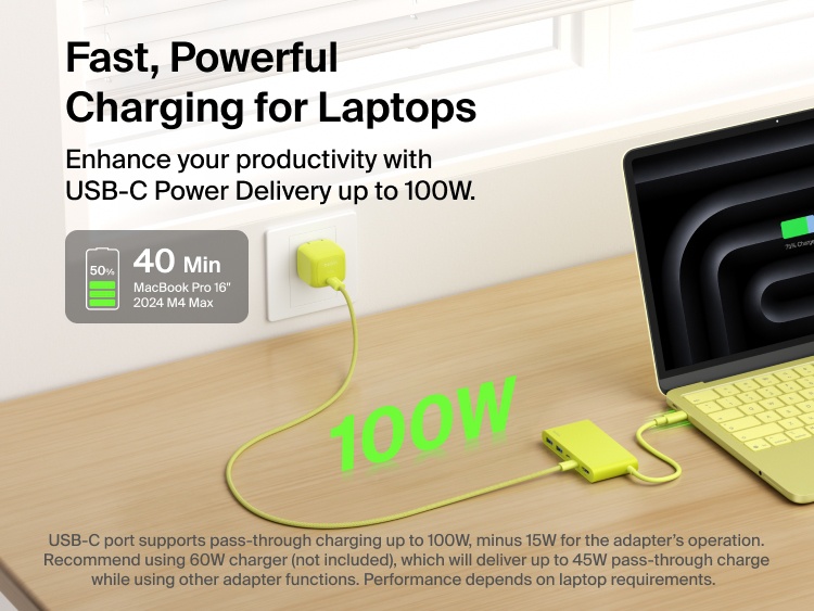 Belkin Connect 5-Port USB-C Hub with Dual USB-C Ports delivers fast laptop charging with up to 100W USB-C Power Delivery.