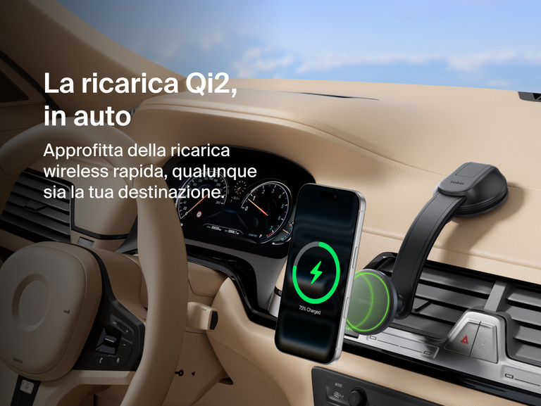 Belkin BoostCharge Magnetic Wireless Charging Car Vent and Dash Mount shown charging an iPhone with Qi2 fast wireless power while driving, highlighting quick 0–50% charge times.