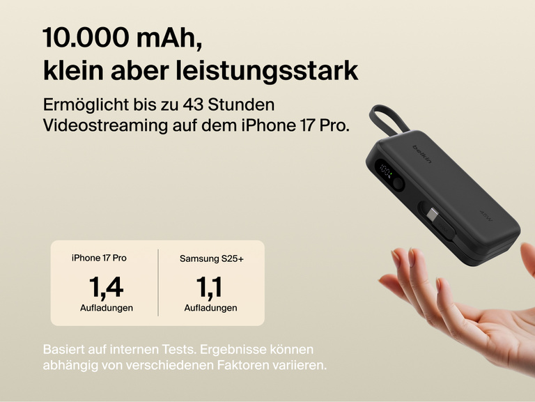 Belkin UltraCharge 10K power bank with integrated USB-C cable and digital display, delivering up to 45W fast charging and extended battery life for smartphones