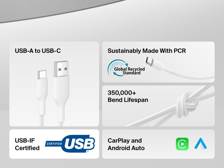 Infographic showcasing the Belkin BoostCharge Pro Braided USB-A to USB-C Cable 15W, featuring USB-IF certification, 350,000+ bend lifespan, sustainable PCR materials, and support for CarPlay and Android Auto.