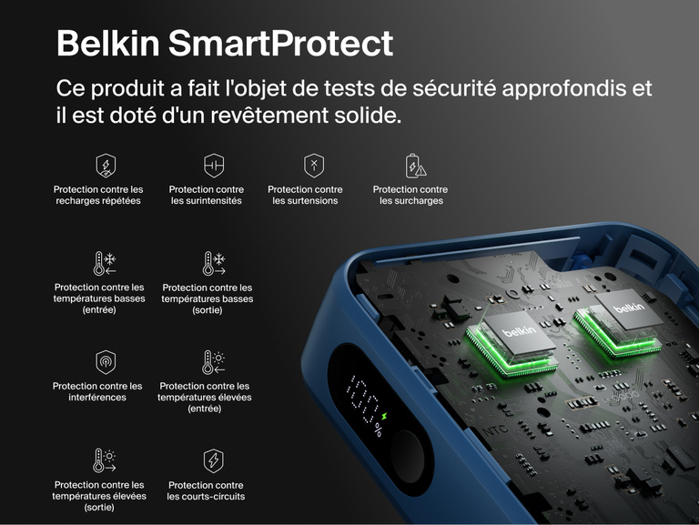 Belkin UltraCharge 10K power bank with integrated USB-C cable and digital display featuring SmartProtect safety system with multiple protection layers for reliable charging