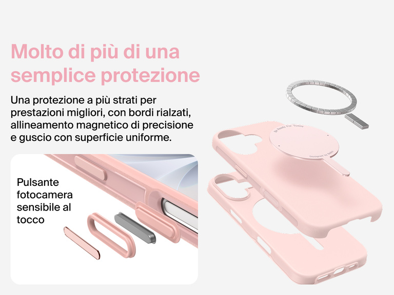 Immagine della custodia Belkin SheerForce Protect Series per iPhone 17 che evidenzia la compatibilità con MagSafe e Qi2 per un aggancio magnetico potente a caricabatterie e altri accessori.
