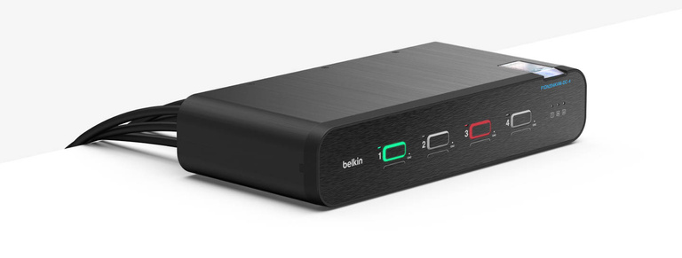 A sleek, black Belkin Universal DisplayPort Secure KVM 4-Port Dual Head with CAC device, featuring illuminated port indicators and labeled buttons for secure switching between two computers.