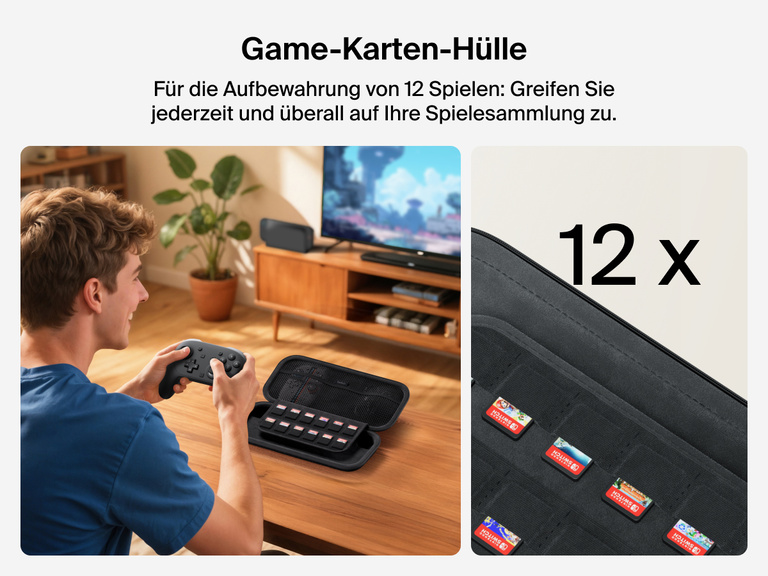 Ein Mann wird beim Spielen gezeigt. Ein Controller befindet sich neben dem Belkin Gaming Travel Case für die Nintendo Switch 2, die über eine integrierte Hülle verfügt, in der 12 Game-Karten leicht zugänglich sind.