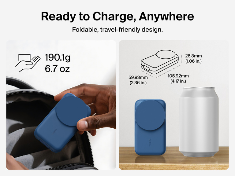 Belkin UltraCharge 3-in-1 Foldable Magnetic Charger with Qi2 25W features a compact, travel-friendly design weighing 6.7 oz and sized for portability.