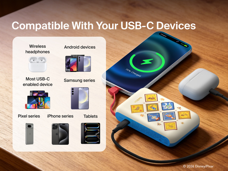 Belkin BoostCharge Power Bank 10K with Integrated Cable compatible with USB-C smartphones, tablets, wireless earbuds, and other USB-C enabled devices.