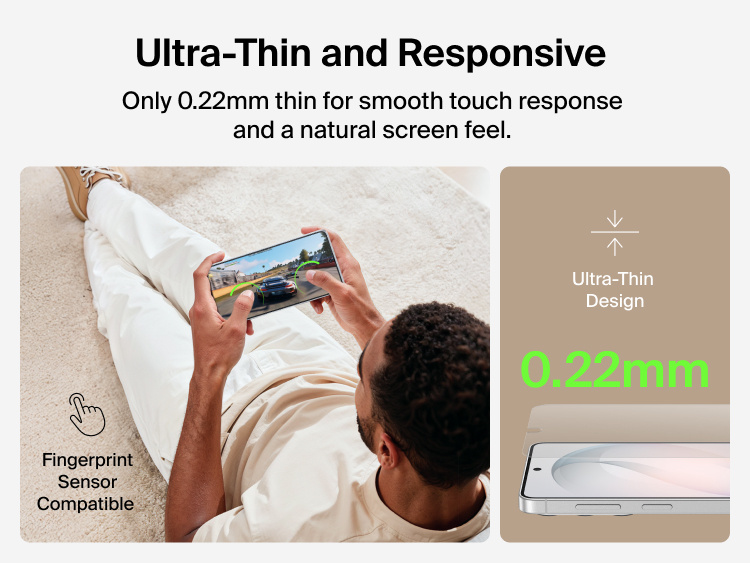 Belkin ScreenForce Titan SmartShield Anti-Reflective Screen Protector for Samsung Galaxy S26 highlighting ultra-thin 0.22 mm design with smooth touch response and fingerprint sensor compatibility for a natural screen feel.
