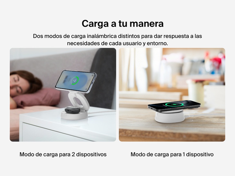 Belkin BoostCharge 2-in-1 Convertible Magnetic Charging Stand with Qi2 15W offers dual-device and single-device wireless charging modes for flexible use at home or on the go.