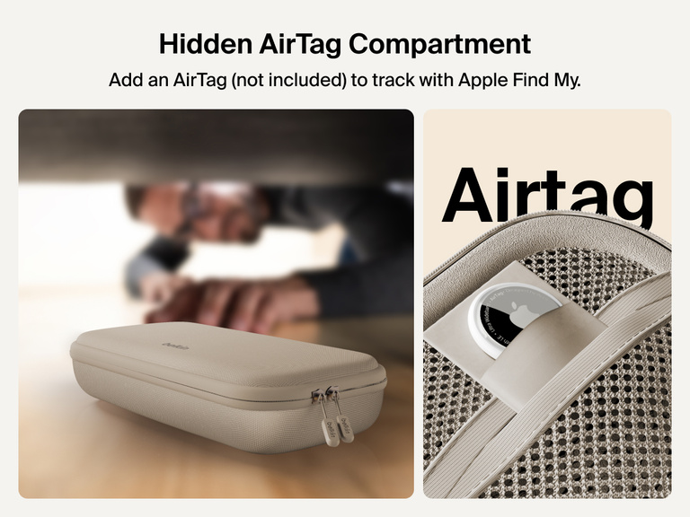 Belkin Gaming Charging Case for Nintendo Switch 2 shown with a hidden AirTag compartment, allowing easy tracking through Apple Find My (AirTag not included).