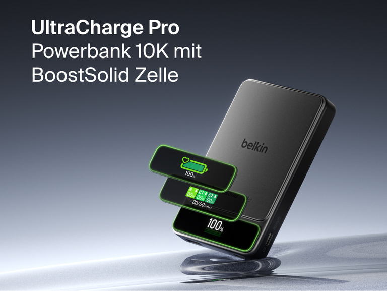 Die Belkin UltraCharge Pro Powerbank 10K mit BoostSolid-Zelle mit einem intelligenten Display f&uuml;r den Akkustand, die aktuelle Wattzahl und Ladeinformationen.