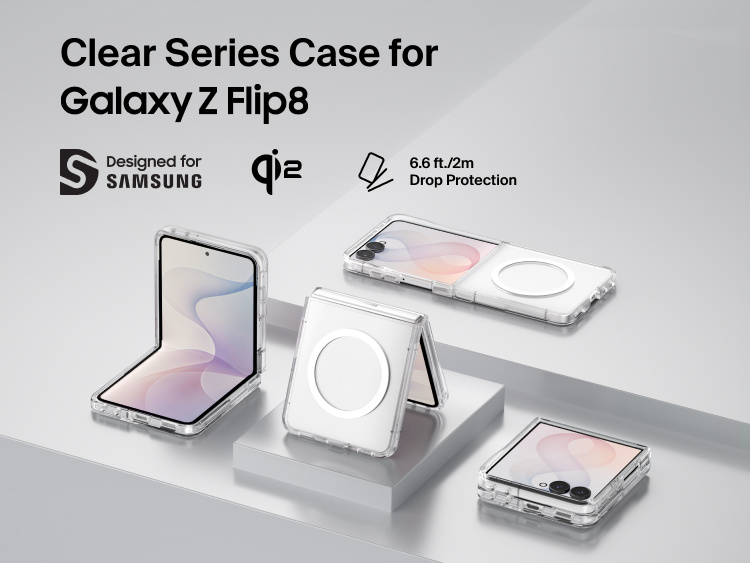 Belkin Clear Series Case for Samsung Galaxy Z Flip8 shown in multiple folded positions with Qi2 compatibility and 6.6-foot drop protection.