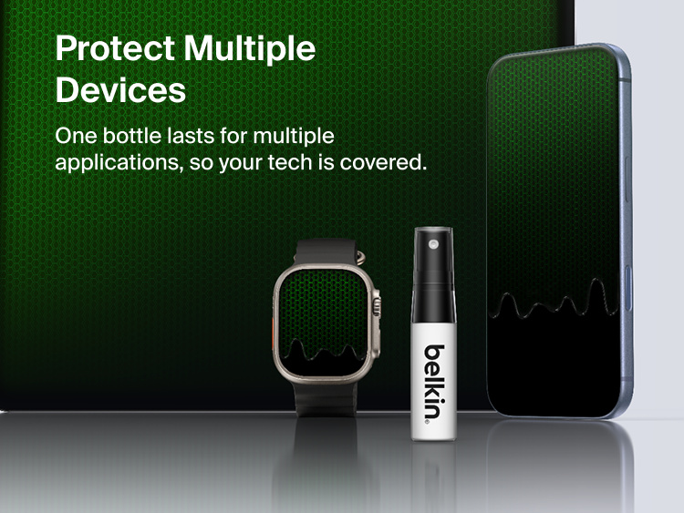 Belkin ScreenForce Titan LiquidGuard Screen Protector spray protecting multiple devices including smartphone, tablet, and smartwatch with durable liquid screen coating.