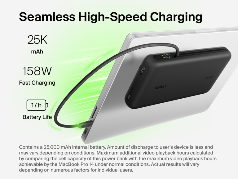 Belkin UltraCharge Pro Laptop Power Bank 25K delivering up to 158W fast charging with integrated USB-C cable connected to a laptop, 25,000 mAh capacity and digital display