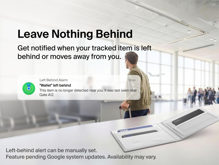 Belkin SureFind Card inside a wallet at an airport illustrates left-behind alerts that notify users when a tracked item is left behind or moves away.