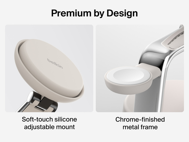 Belkin UltraCharge Pro 3-in-1 Magnetic Charging Dock with Qi2 25W features a soft-touch silicone adjustable mount and chrome-finished metal frame for a premium, durable design.