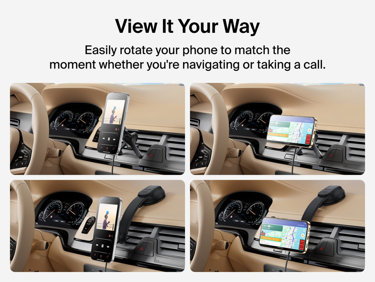 Belkin BoostCharge Magnetic Wireless Charging Car Vent and Dash Mount shown in multiple orientations demonstrating 360&deg; rotation and adjustable tilt for portrait and landscape phone viewing.