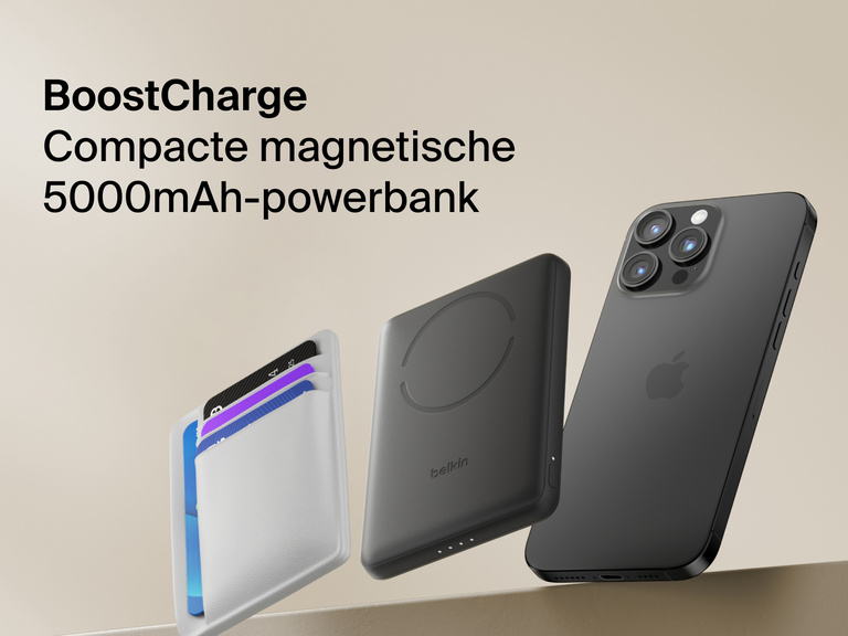 Belkin BoostCharge Slim Magnetic Power Bank 5K shown magnetically attached to a smartphone beside a slim wallet accessory, highlighting its compact portable charging design.
