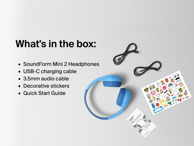 SoundForm Mini 2 Wireless On-Ear Headphones for Kids package contents laid out: headphones, USB-C charging cable, 3.5mm audio cable, decorative sticker sheet, and Quick Start Guide, with a Whats in the box label