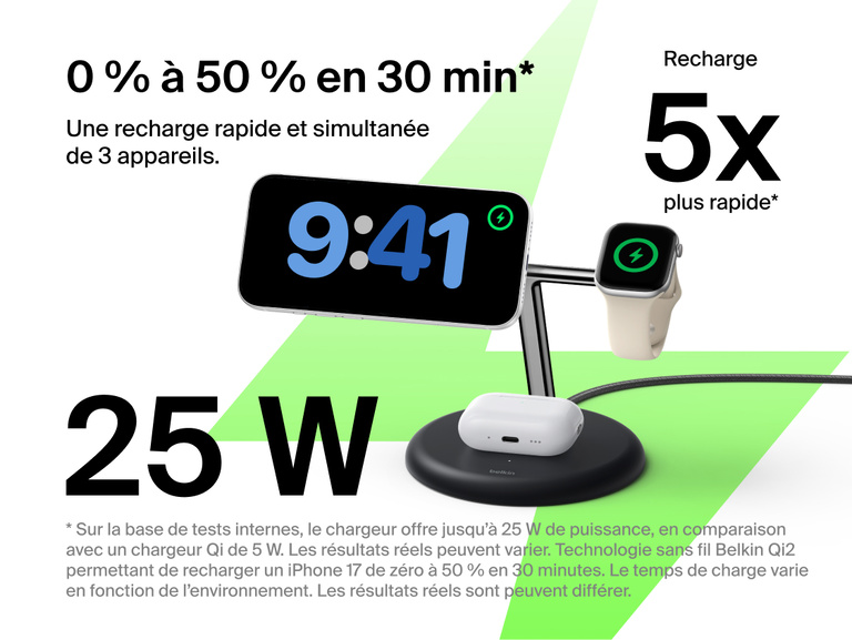 Belkin UltraCharge 3-in-1 Wireless Charging Stand with Qi2 25W charging iPhone, Apple Watch, and AirPods simultaneously on a compact vertical dock