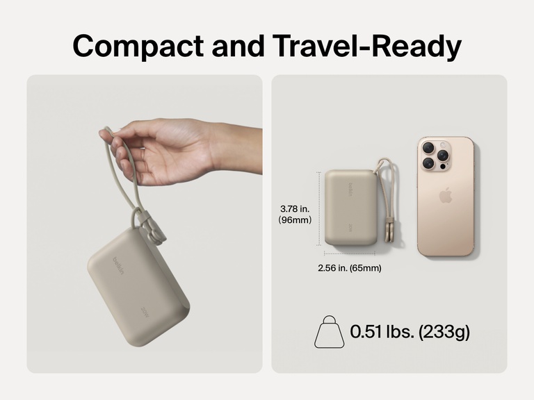 Belkin BoostCharge Power Bank 10K with Display shown in hand and beside a smartphone to highlight its compact, travel-ready design with dimensions of 3.78 x 2.56 inches and a lightweight build of 0.51 lbs (233g).