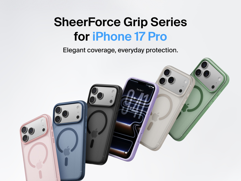 Belkin SheerForce Grip Series protective case for iPhone 17 shown in pink, clear, and black with slim design and MagSafe compatibility.