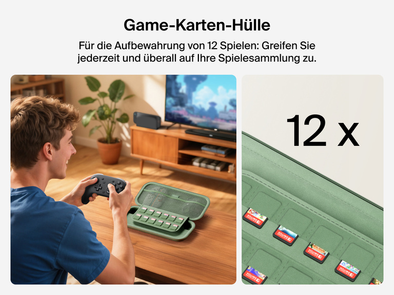 Man gaming with a controller beside the Belkin Gaming Travel Case for Nintendo Switch 2, which features a built-in sleeve that holds up to 12 game cards for easy access.