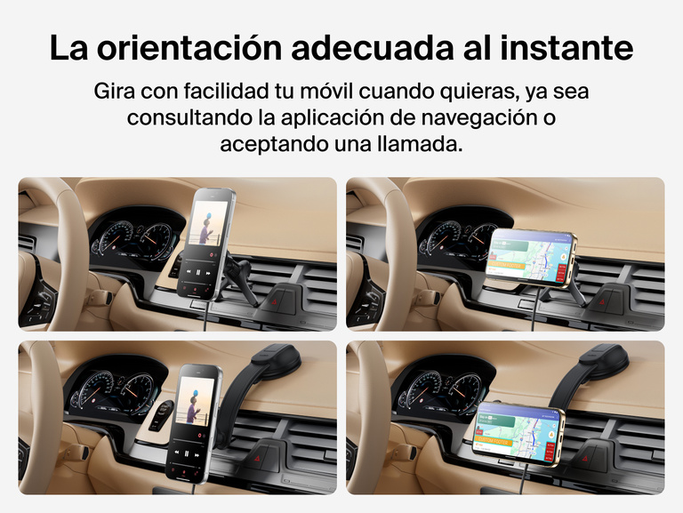 Belkin BoostCharge Magnetic Wireless Charging Car Vent and Dash Mount shown in multiple orientations demonstrating 360&deg; rotation and adjustable tilt for portrait and landscape phone viewing.
