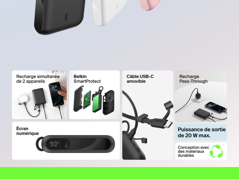 Infographie mettant en avant les fonctionnalités essentielles de la batterie externe 10K Belkin BoostCharge avec écran intégré, et notamment sa puissance de sortie de 20 W, la recharge simultanée de deux appareils, l’affichage numérique du niveau de batterie, le câble USB-C détachable, la recharge Pass-Through, la fonction Belkin SmartProtect et les matériaux durables.