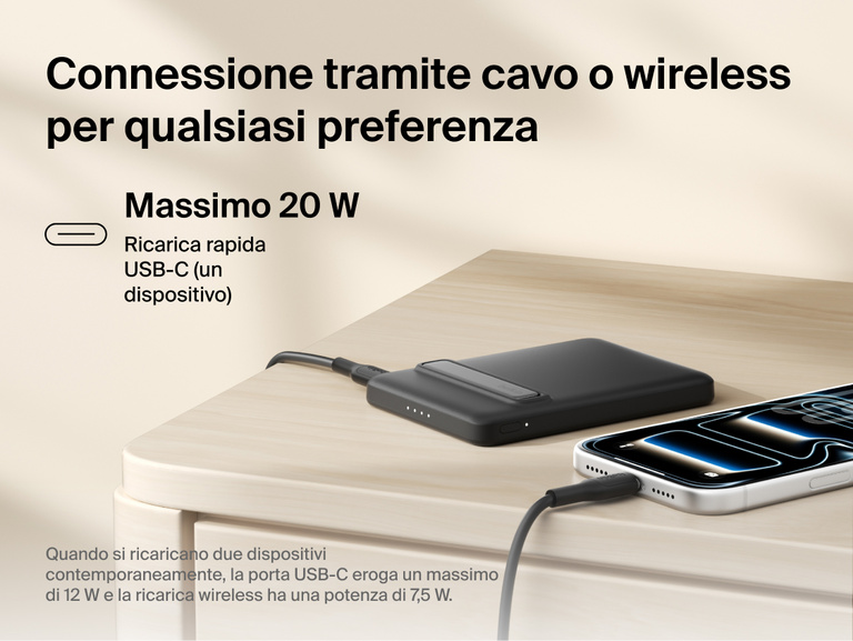Belkin BoostCharge Slim Magnetic Power Bank 5K with Qi2 shown delivering wired USB-C fast charging and wireless charging for reliable, on-the-go power in a compact portable design.