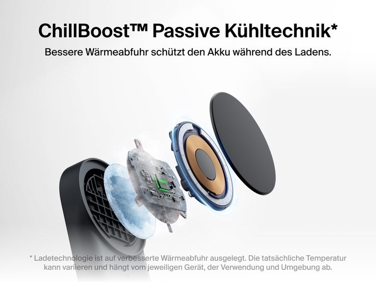 Die Belkin UltraCharge faltbare magnetische 2-in-1-Ladestation mit Qi2 25W zeichnet sich durch die passive Kühltechnik ChillBoost™ aus, die für eine verbesserte Wärmeabfuhr sorgt und den Akku während des Ladens schont.