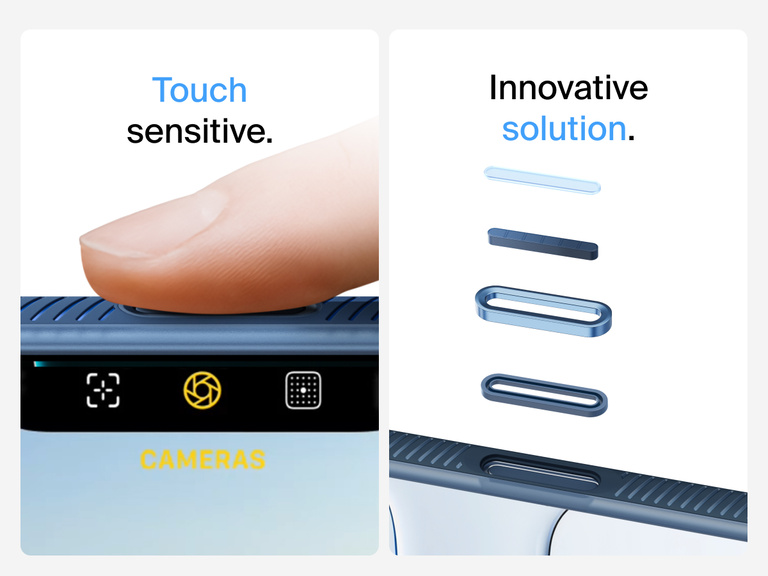 Belkin SheerForce Grip Series Case for iPhone 17 with MagSafe ring, raised edges, and floating tinted buttons for precision protection.