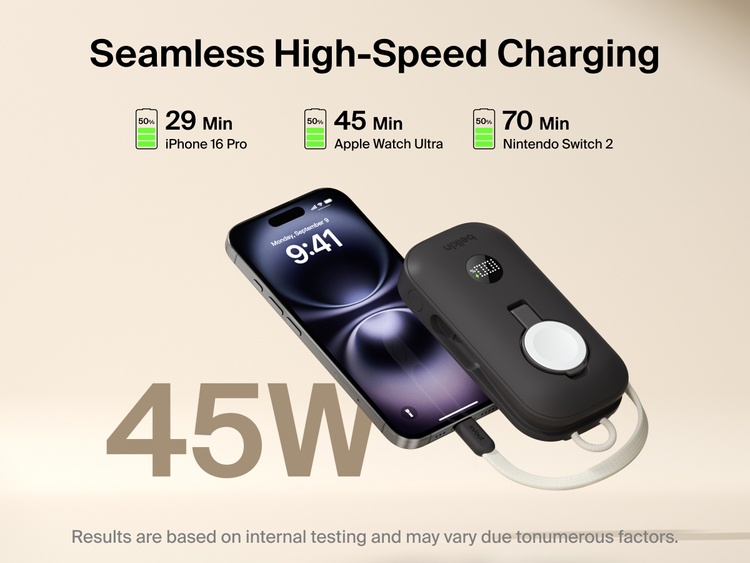 Belkin BoostCharge Pro Power Bank 10K with Apple Watch Charger delivering 45W fast charging for iPhone 16 Pro, Apple Watch Ultra, and Nintendo Switch 2.