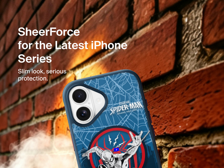 Belkin SheerForce Spider-Man Magnetic Protective Case with Kickstand for iPhone featuring clear impact-resistant protection, integrated kickstand, and character artwork.