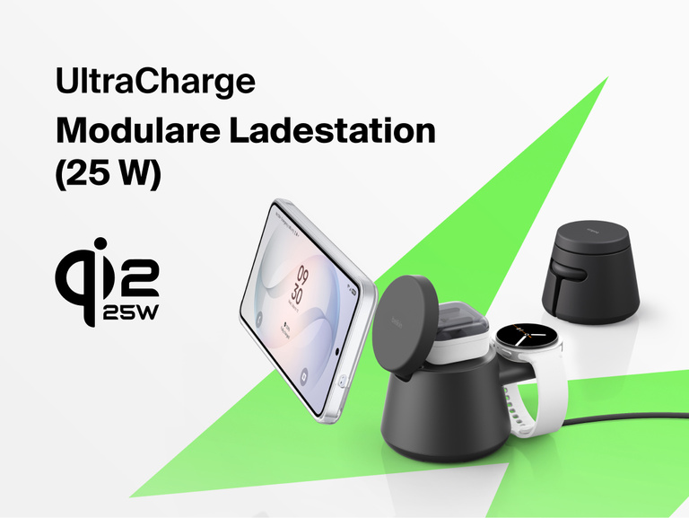 Die Belkin UltraCharge modulare Ladestation mit Qi2 25W erm&ouml;glicht schnelles induktives Laden kompatibler Smartphones, Smartwatches und In-Ear-Kopfh&ouml;rer in einer kompakten modularen Konstruktion.