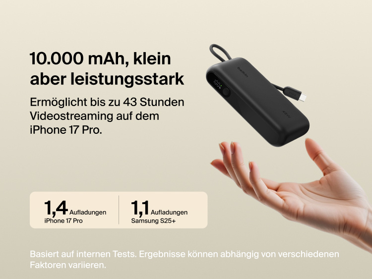Belkin UltraCharge 10K power bank with integrated USB-C cable and digital display, delivering up to 45W fast charging and extended battery life for smartphones