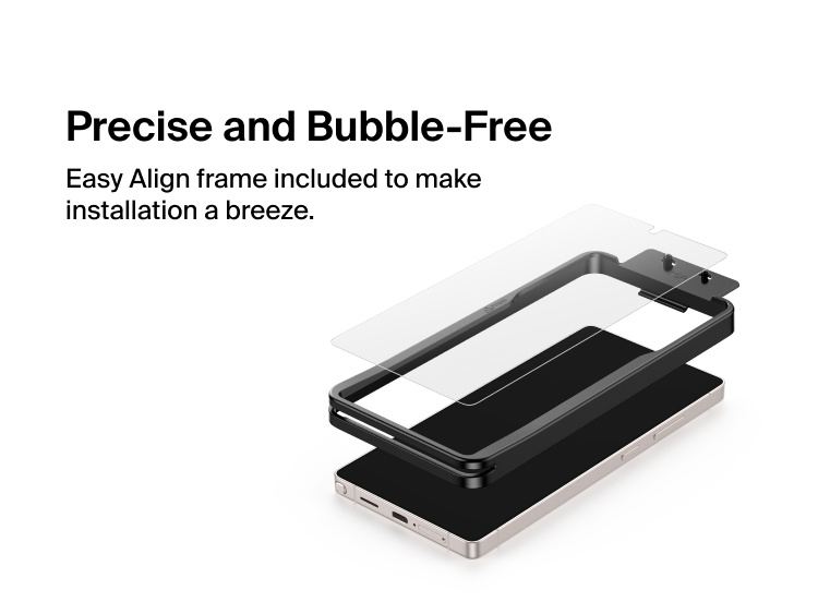 Belkin ScreenForce Titan EcoGuard Anti-Reflective Screen Protector for Samsung Galaxy S26 shown with Easy Align installation frame for precise, bubble-free application and a clean, seamless fit.