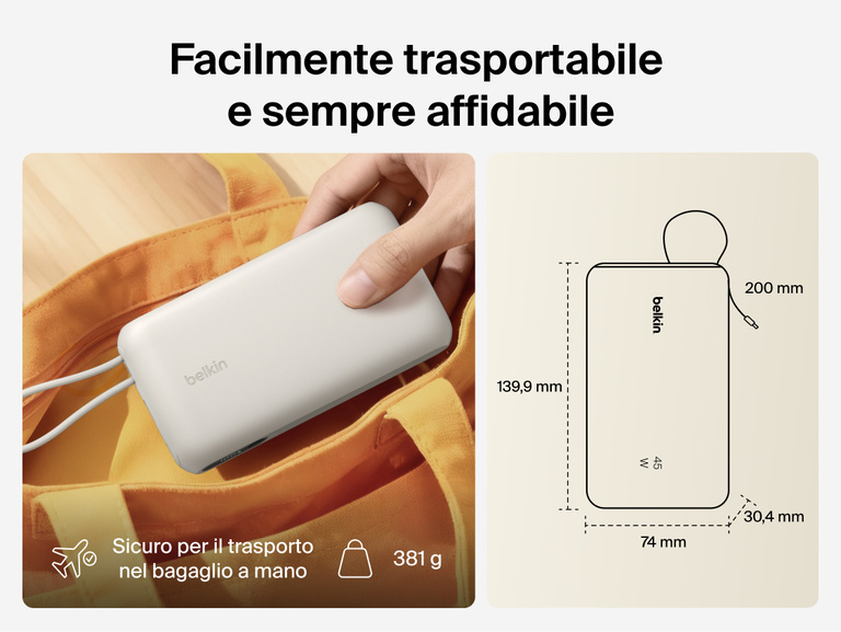 Belkin UltraCharge 20K 45W power bank with integrated cable designed for portable, TSA-approved travel with compact size and reliable on-the-go charging