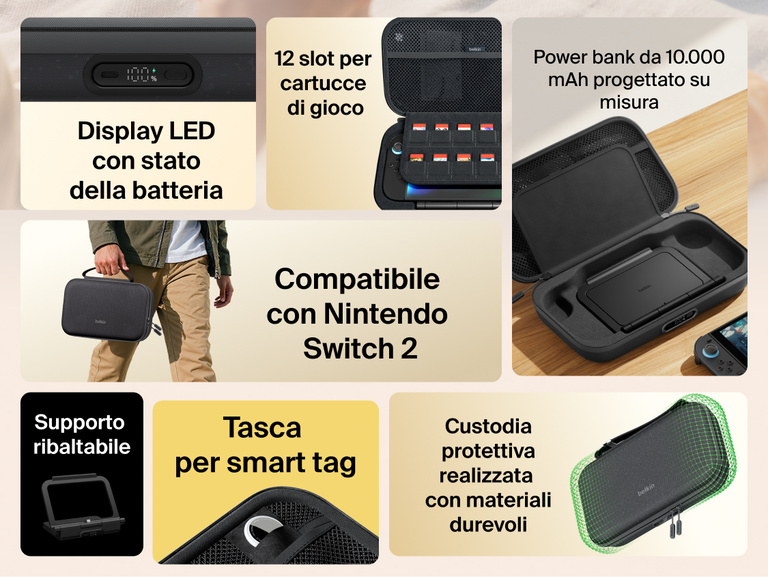 Feature overview of the Belkin Gaming Charging Case Pro for Nintendo Switch 2 highlighting built-in 10K power bank, LED battery indicator, flip-up stand, game card storage, smart tracker pocket, and durable protective design.