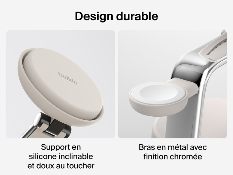 Station de recharge aimantée 3-en-1 Belkin UltraCharge Pro avec Qi2 (25 W) dotée d'une conception premium durable grâce à son support ajustable en silicone agréable au toucher et à son armature en métal avec finition chromée.