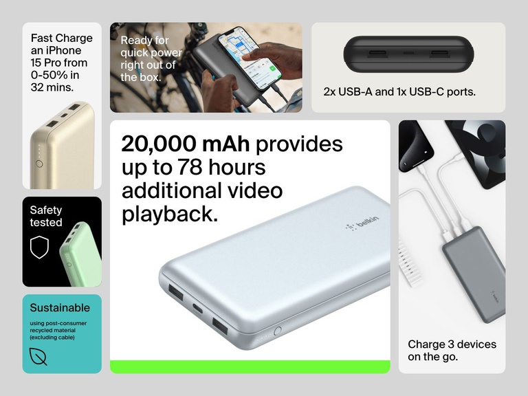 The Belkin BoostCharge Power Bank 20K is shown in multiple use cases and colors, highlighting its 20,000 mAh capacity, ability to charge three devices at once, fast charging for iPhone 15 Pro, and use of recycled materials.