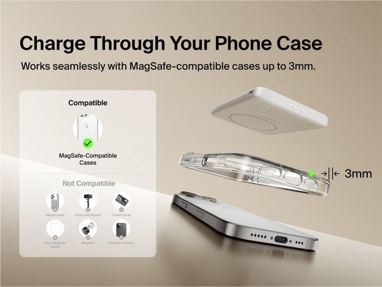 Belkin BoostCharge Slim Magnetic Power Bank 5K shown aligning with a smartphone and MagSafe-compatible case, demonstrating wireless charging through cases up to 3mm thick.