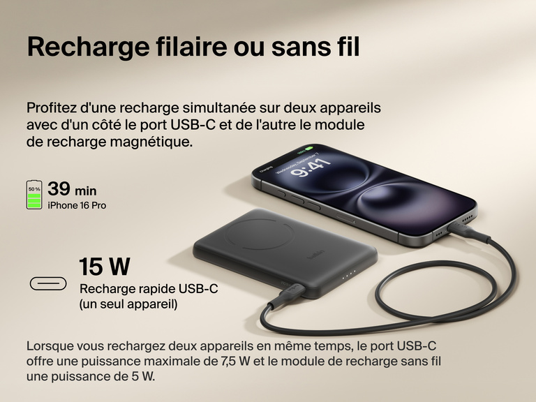 Belkin BoostCharge Slim Magnetic Power Bank 5K shown charging a smartphone via USB-C, highlighting 15W fast charging and dual wired or magnetic wireless power capability.