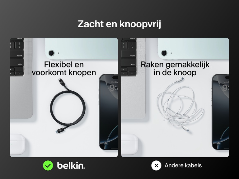 Vergelijking naast elkaar waarbij de Belkin BoostCharge USB-C-kabel met Lightning-connector wordt getoond als flexibel en blijvend knoopvrij, waarmee hij standaardkabels die gemakkelijk in de knoop raken, overtreft.