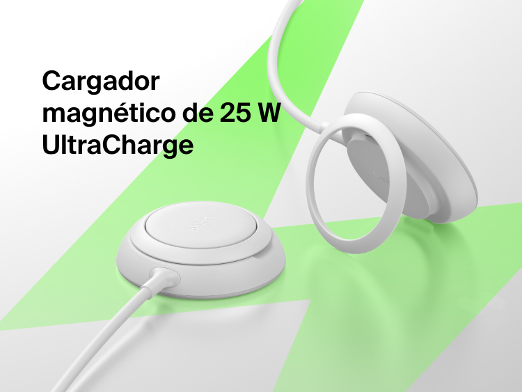 Se muestra como el elegante dise&ntilde;o del cargador magn&eacute;tico con Qi2 de 25 W Belkin UltraCharge le permite funcionar tanto como una base horizontal o un soporte vertical, proporcionando en ambos casos una carga inal&aacute;mbrica r&aacute;pida y segura.